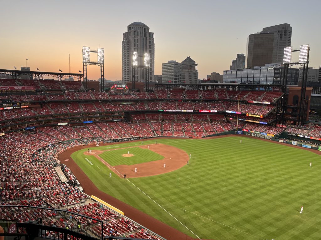 A photograph of Busch Stadium showing the Cardinals playing the Pirates.