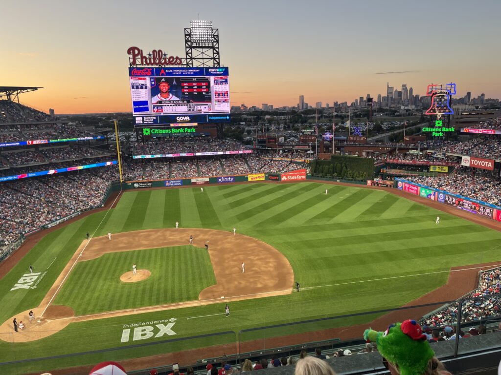 A view of Citizens Bank Park with Philadelphia's skyline in the background.